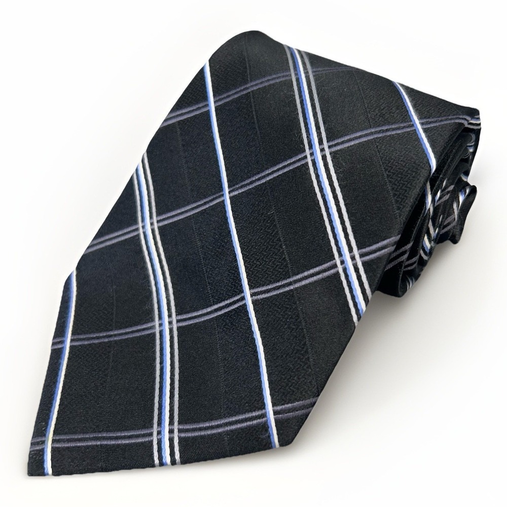 Jones New York Silk Tie Black Blue Gray Plaid Windowpane Woven 59" x 4"